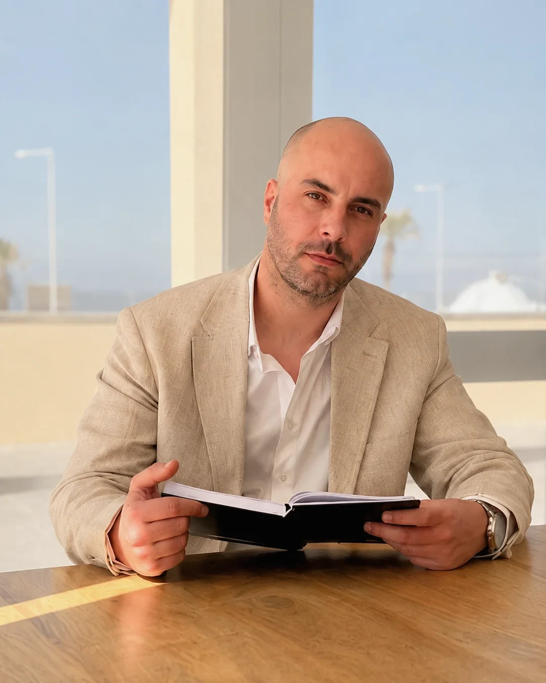 Editorial portrait seated at a table with an open notebook.