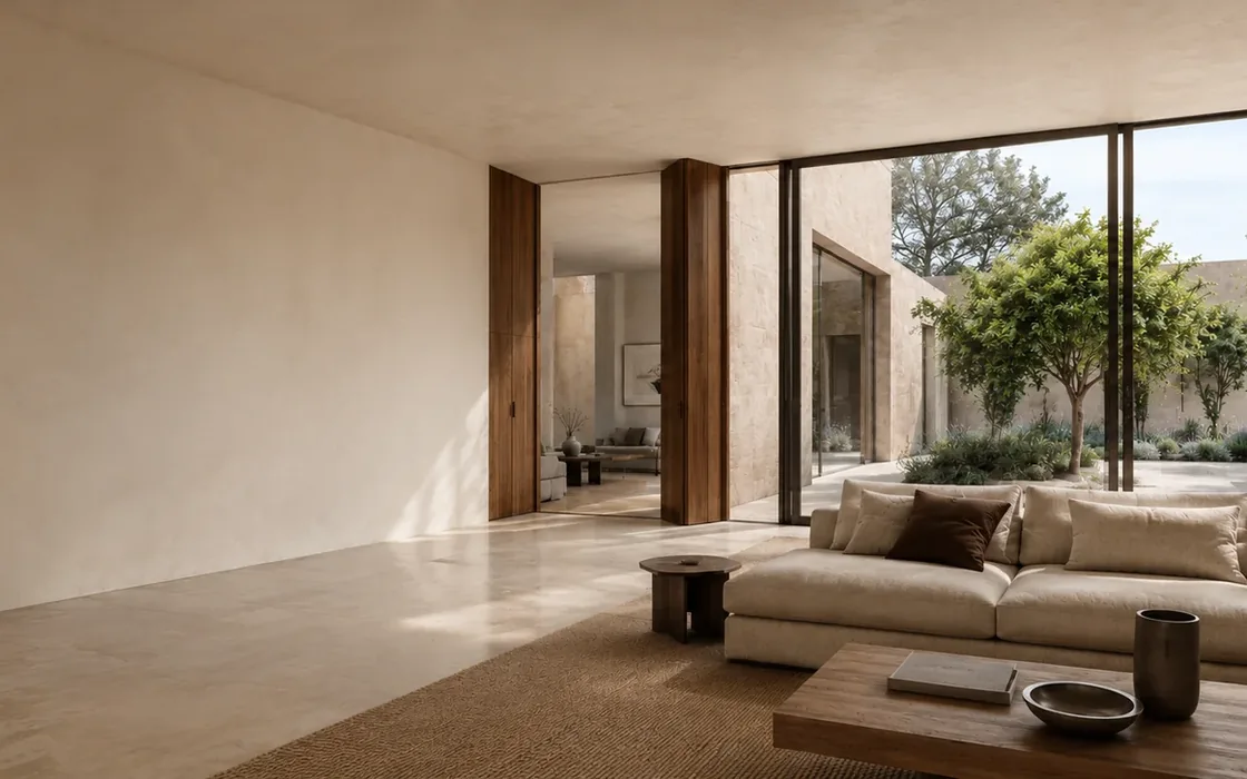 Interior residencial contemporâneo aberto para um pátio ajardinado.