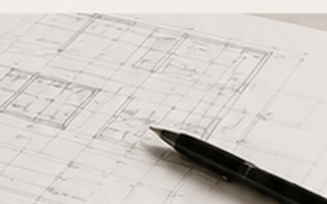 Property floor plan and pen in an editorial composition about paperwork and preparation.